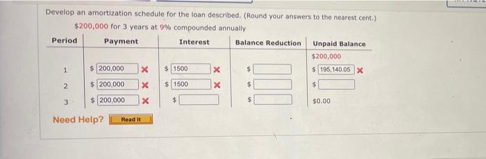  Develop an amortization schedule for the loan described (Round your answers
