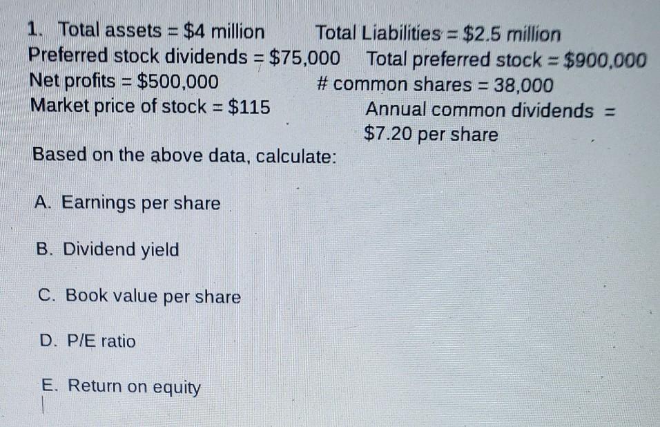  1 Total assets = $4 million Total Liabilities = $2.5 million