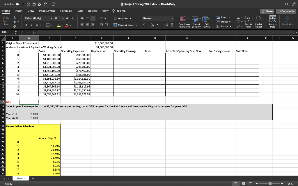 1. Complete cash flow table in excel spreadsheet given the information provided.