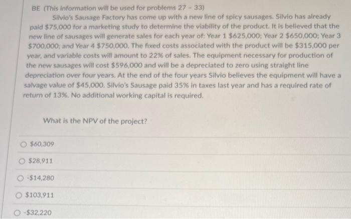  BE (This information will be used for problems 27 - 33)