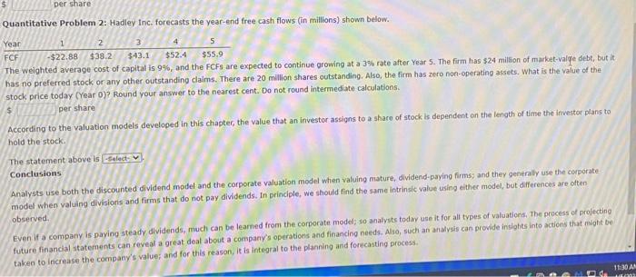  blueprint problems Quantitative Problem 2: Hadley Inc. forecasts the year-end free