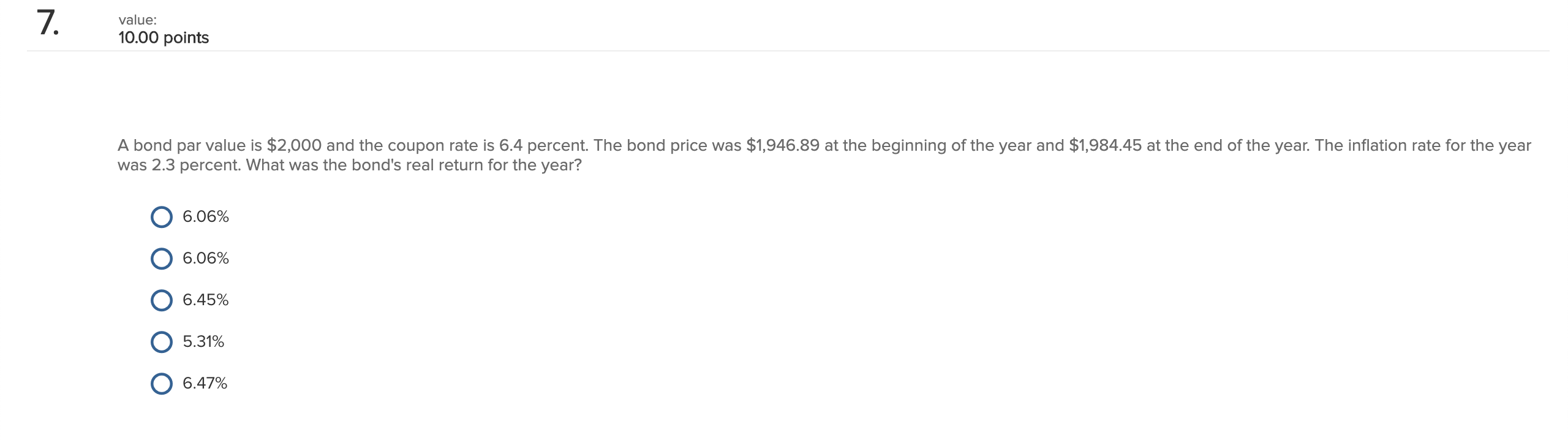 7. value: 10.00 points A bond par value is $2,000 and
