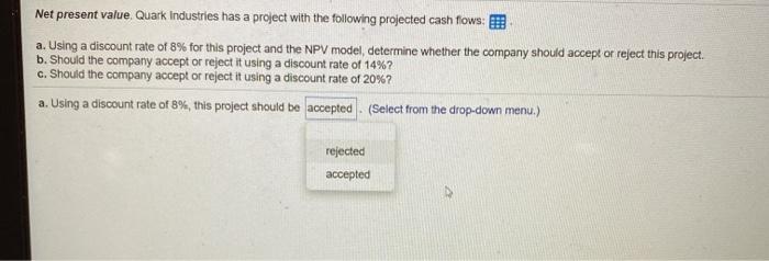  Net present value. Quark Industries has a project with the following