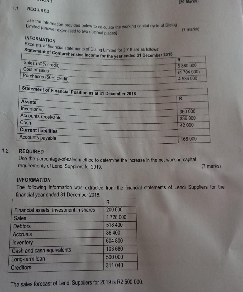 (20 Marks) 1.1 REQUIRED Use the information provided below to calculate
