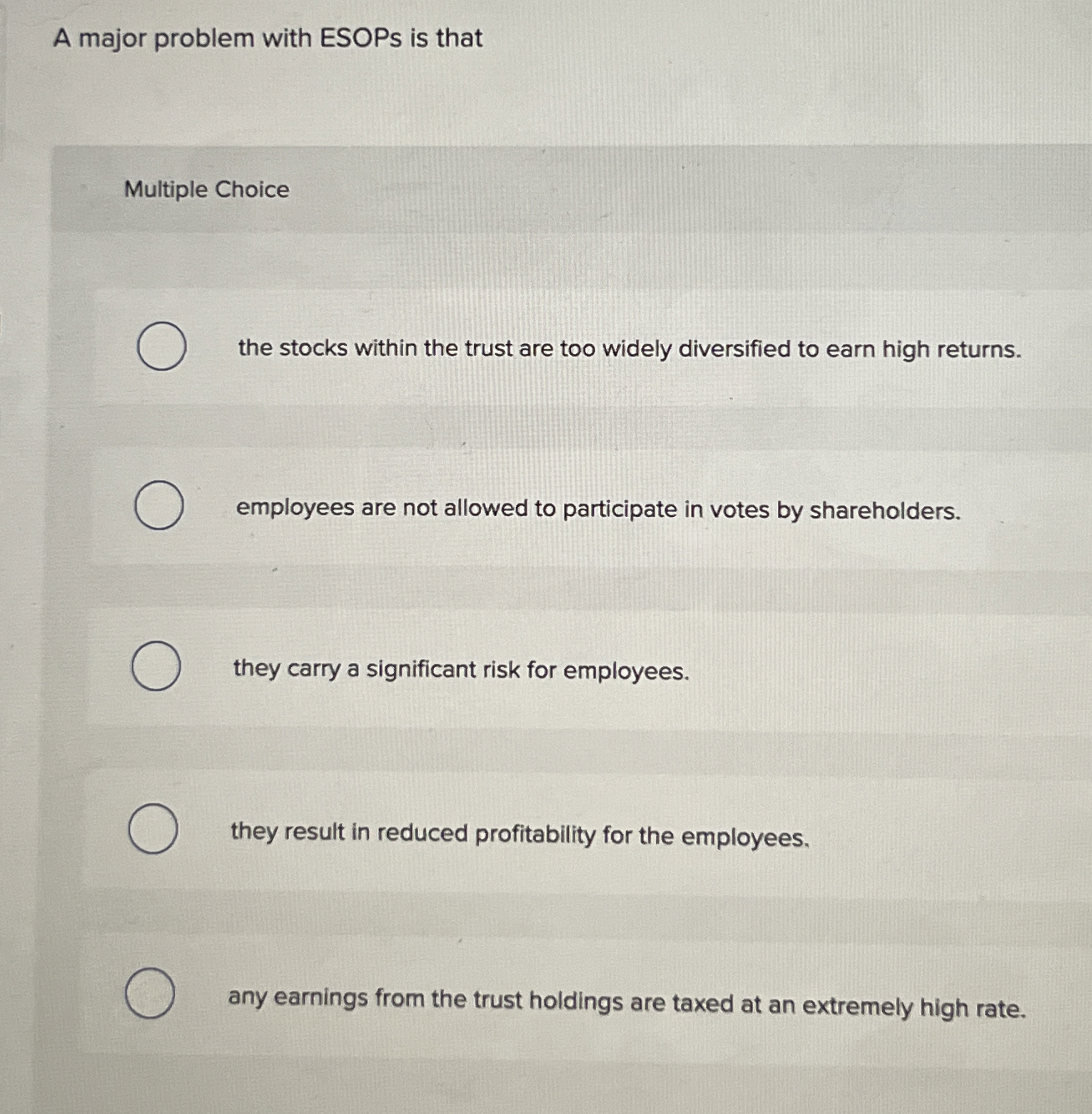 A major problem with ESOPs is that Multiple Choice the stocks