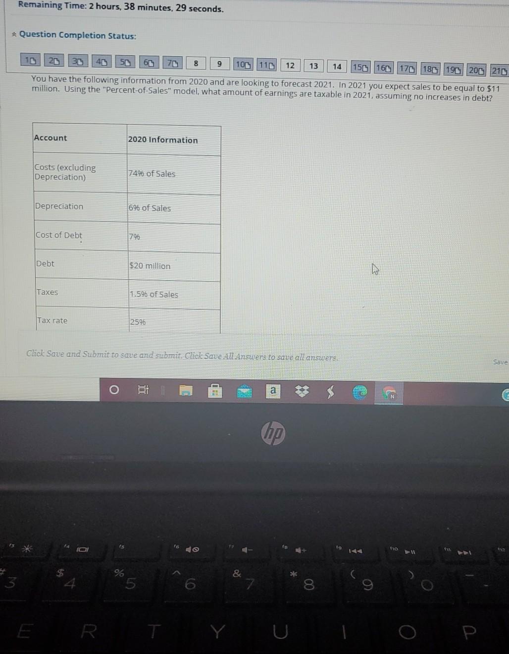 Remaining Time: 2 hours, 38 minutes, 29 seconds. Question Completion Status:
