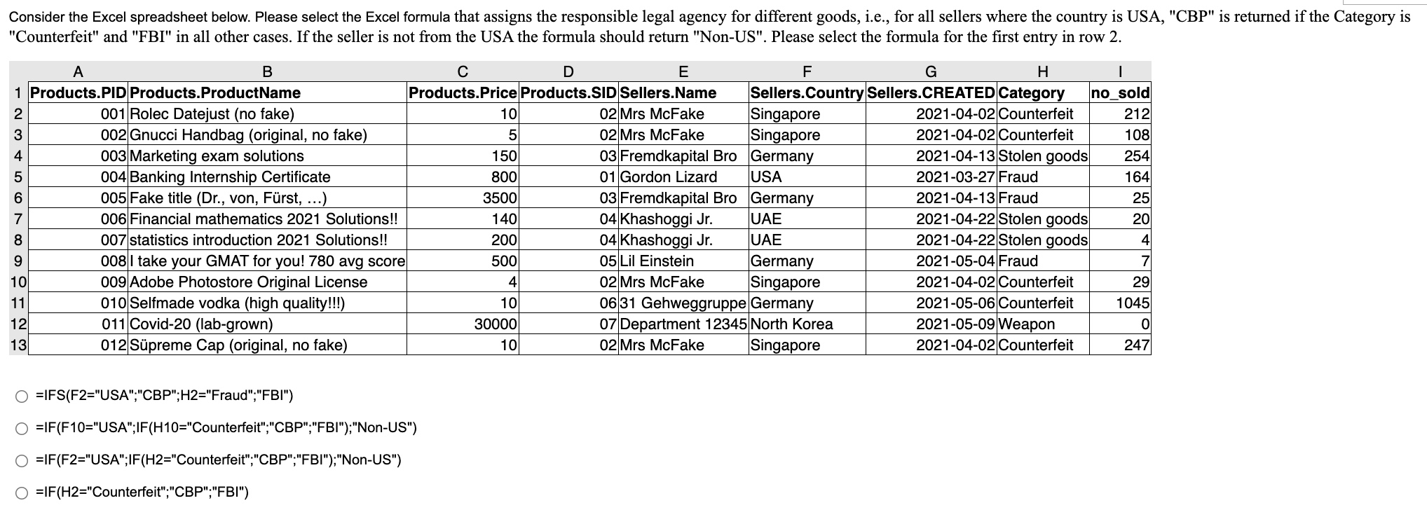  Consider the Excel spreadsheet below. Please select the Excel formula that