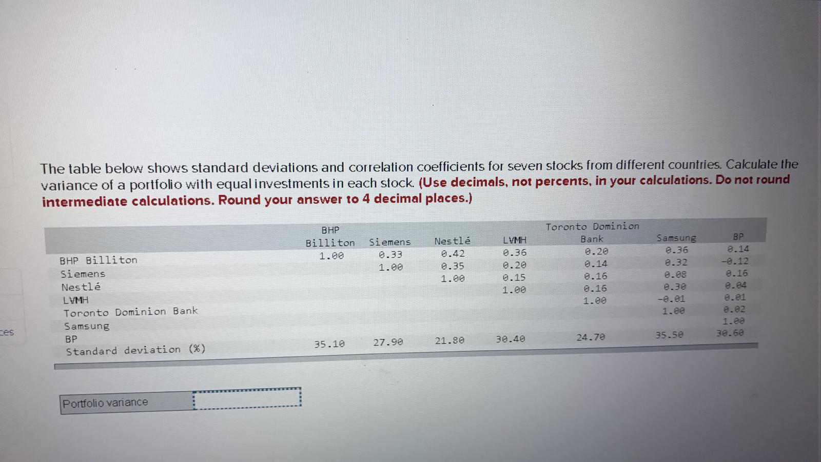 The table below shows standard deviations and correlation coefficients for seven