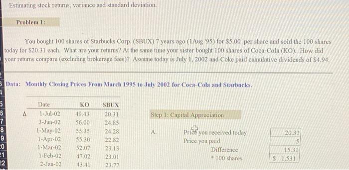  Estimating stock returns, variance and standard deviation Problem 1: You bought