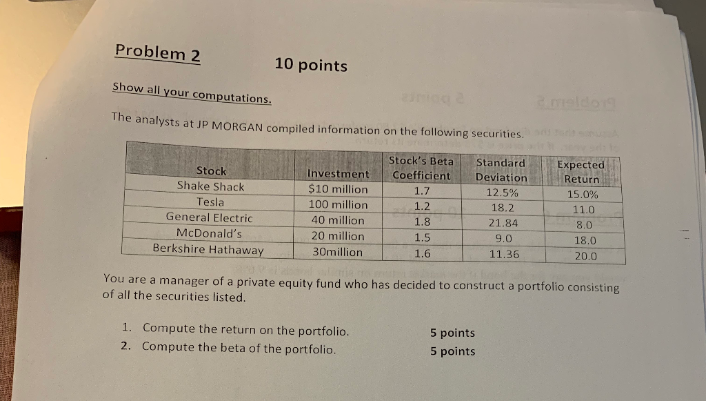  Problem 2 Show all your computations The analysts at JP MORGAN