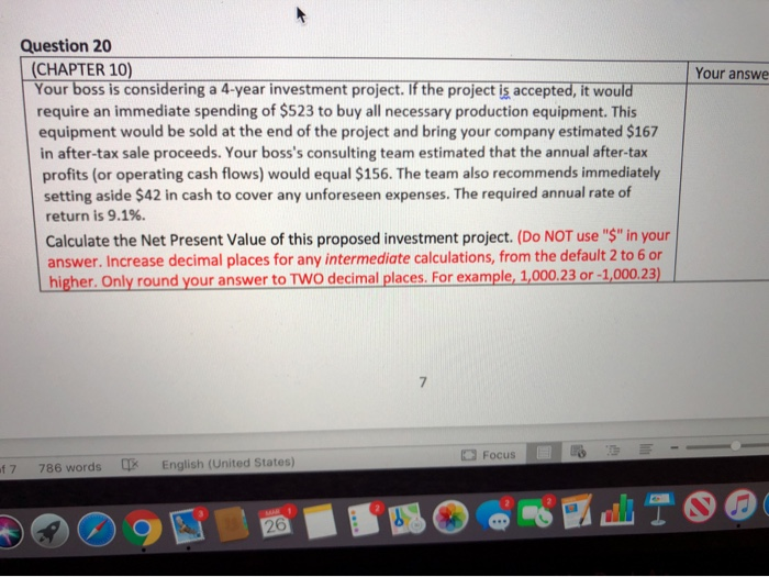  Your answe Question 20 (CHAPTER 10) Your boss is considering a