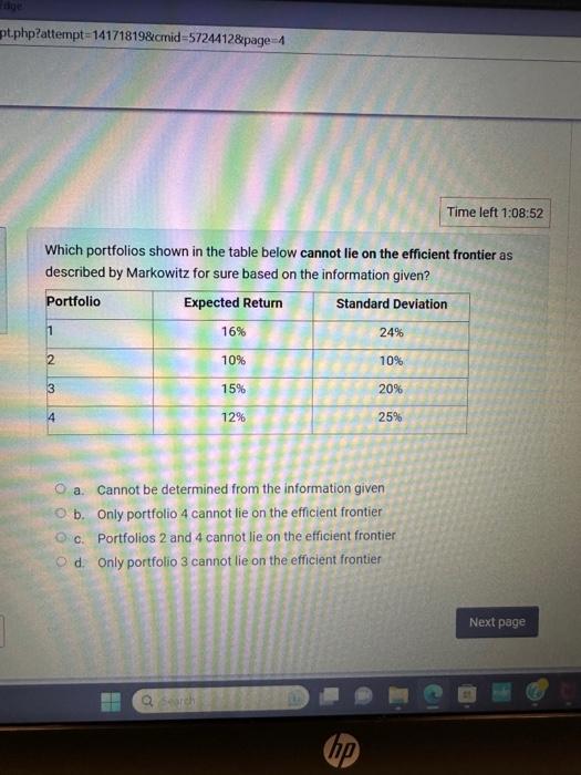  Which portfolios shown in the table below cannot lie on the