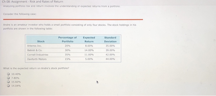  Ch 08: Assignment - Risk and Rates of Return Analyzing portfolio
