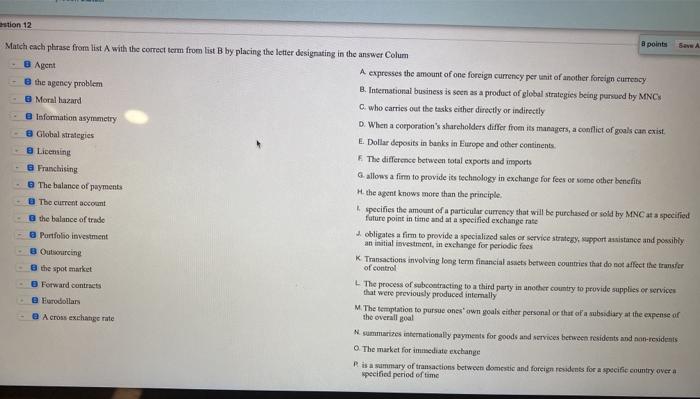  stion 12 a points Agent Match each phrase from list A