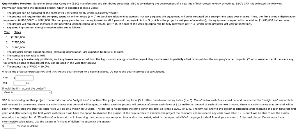 This is a photo of the problem Quantitative Problem: Sunshine Smoothies Company