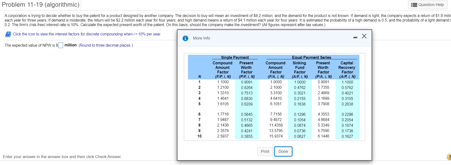  Problem 11-19 (algorithmic) Question Help A corporation is trying to decide