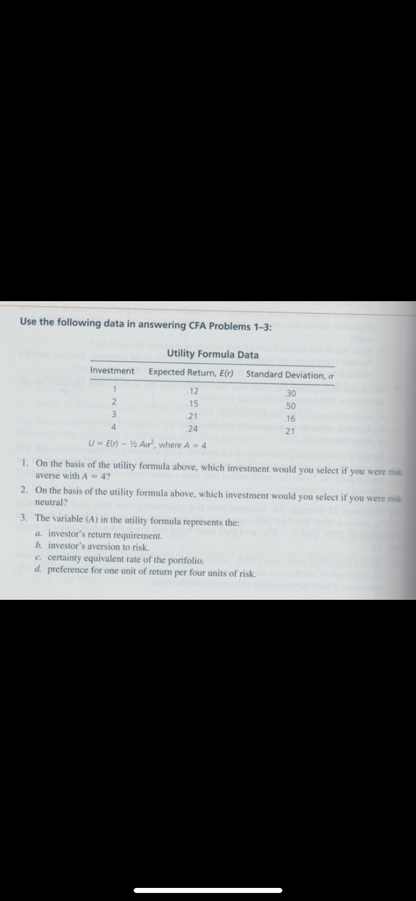  Use the following data in answering CFA Problems 1-3: 1. On