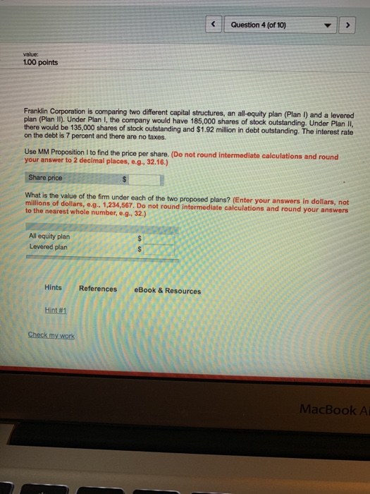 chapter 16 & 17 Question 4 (of 10 value: 100 points Franklin