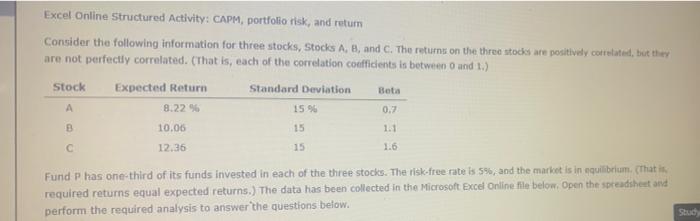  Excel Online Structured Activity: CAPM, portfolio risk, and return Consider the