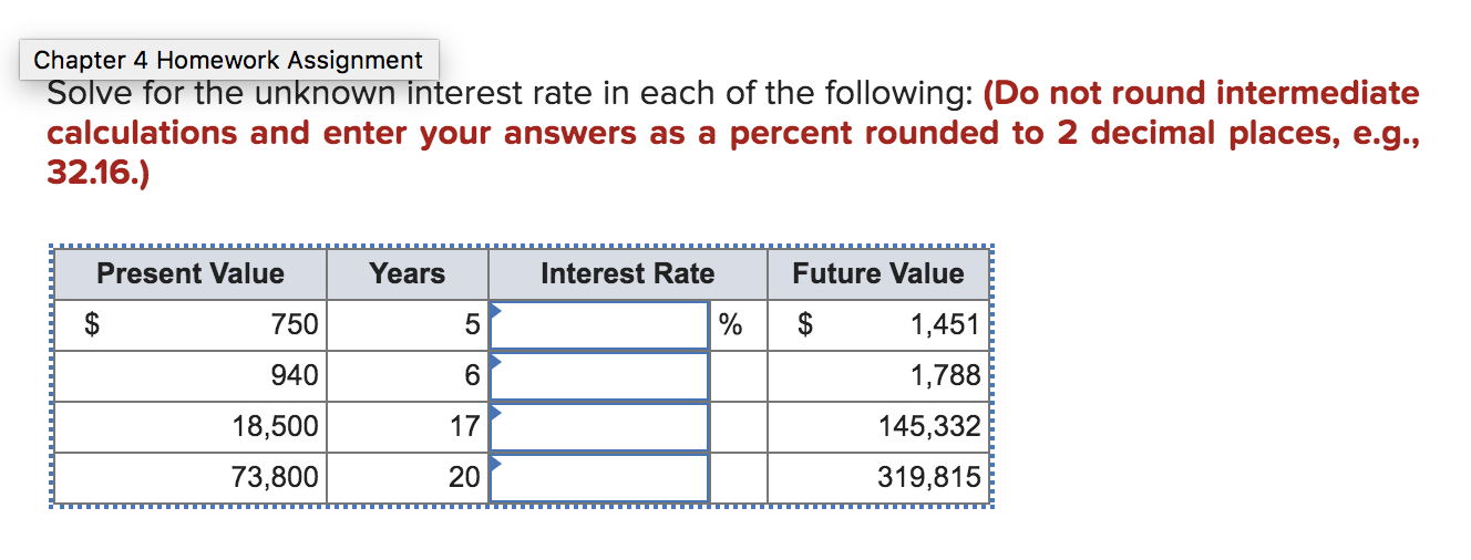  Chapter 4 Homework Assignment Solve for the unknown interest rate in