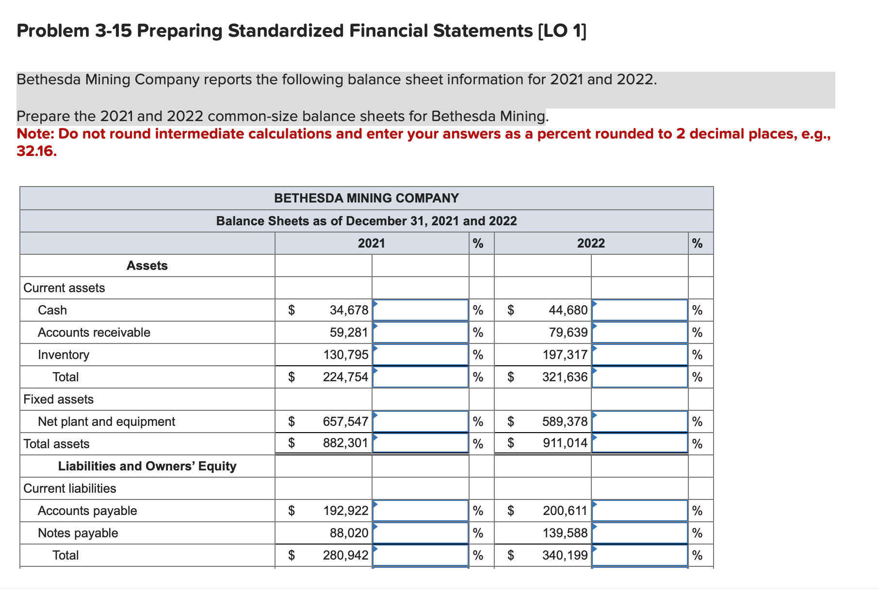  Problem 3-15 Preparing Standardized Financial Statements [ [11] Bethesda Mining Company