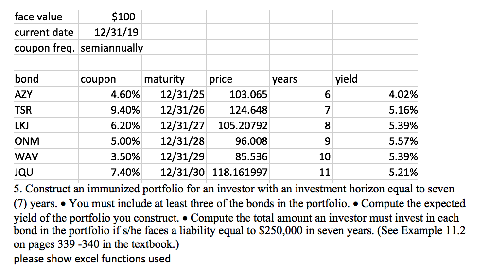  face value $100 current date 12/31/19 coupon freq. semiannually OOOO bond