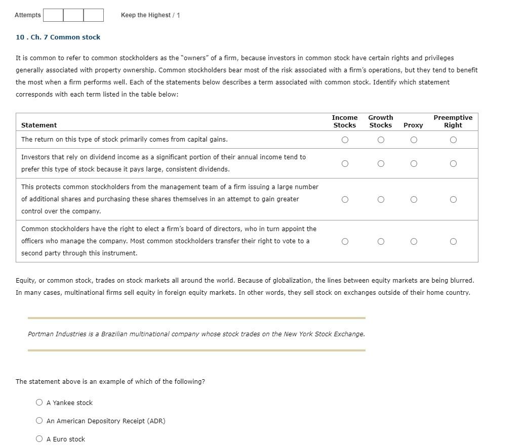 Attempts Keep the Highest/1 10. Ch. 7 Common stock It is