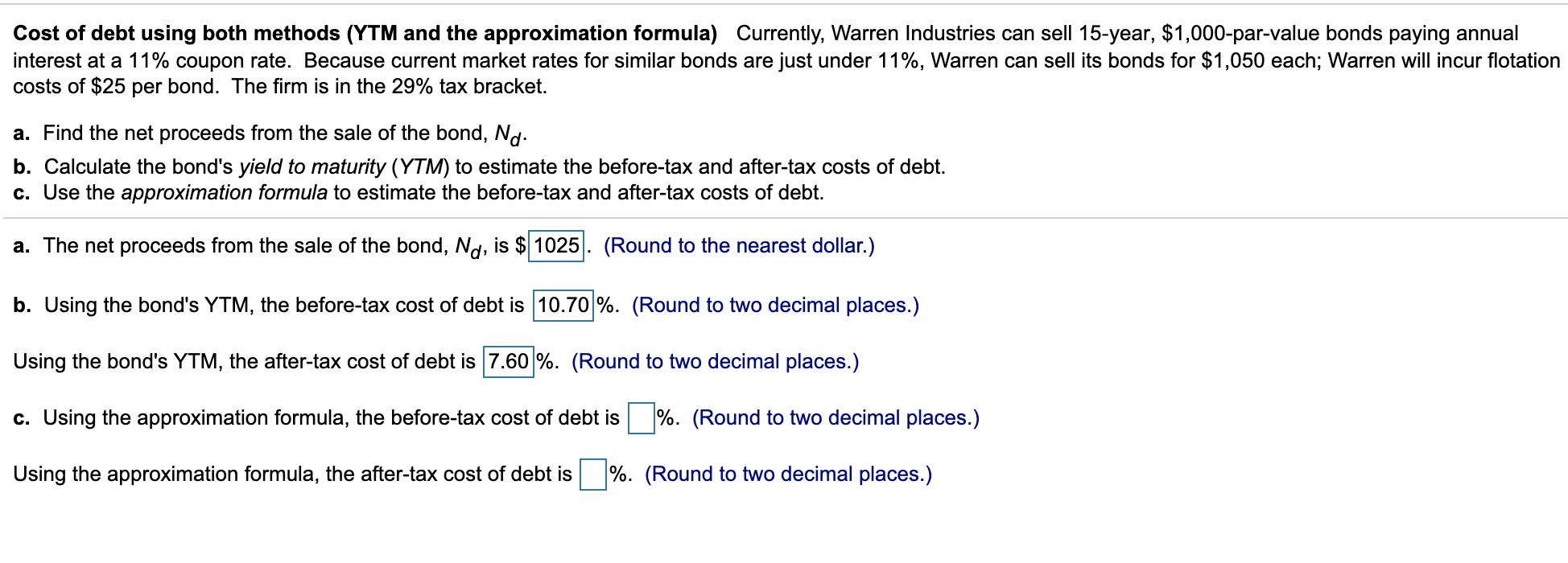  Cost of debt using both methods (YTM and the approximation formula)
