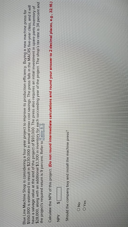  Blue Line Machine Shop is considering a four-year project to improve