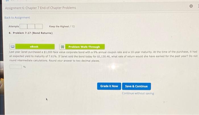10 8. Problem 7.17 (Bond Returns) eBook H Problem Walk-Through Last year