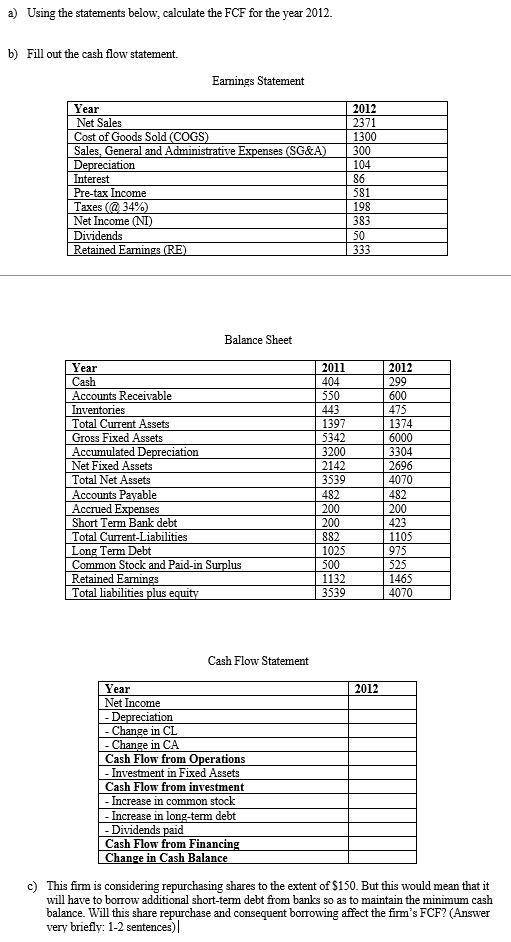  a) Using the statements below, calculate the FCF for the year