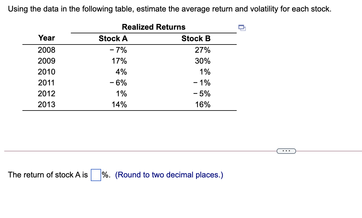  Using the data in the following table, estimate the average return