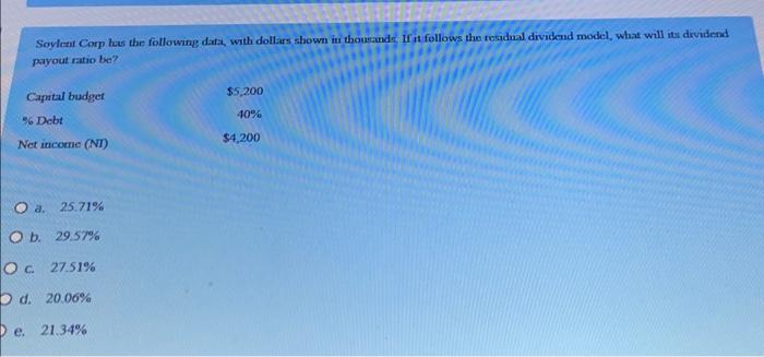  solve Soyfent Corp kas the following data, with dollars shown in