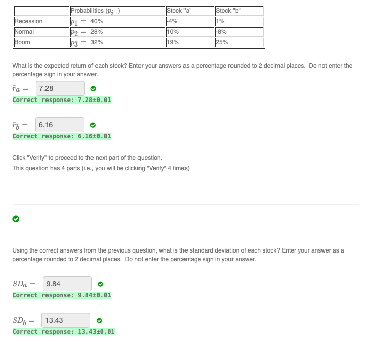 Expected return A: 7.28 Expected return B: 6.16 Standard deviation A: 9.84