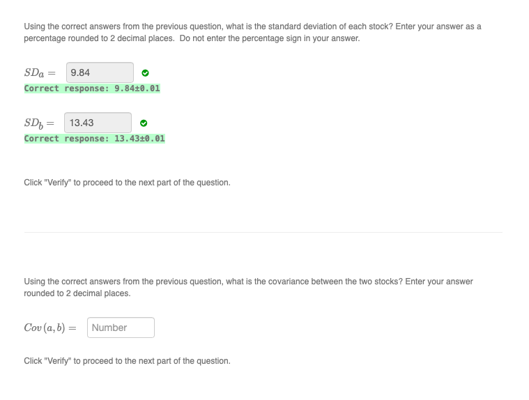 Standard deviation B: 13.43 Probabilities (pi ) Stock "a" Stock "b" Recession