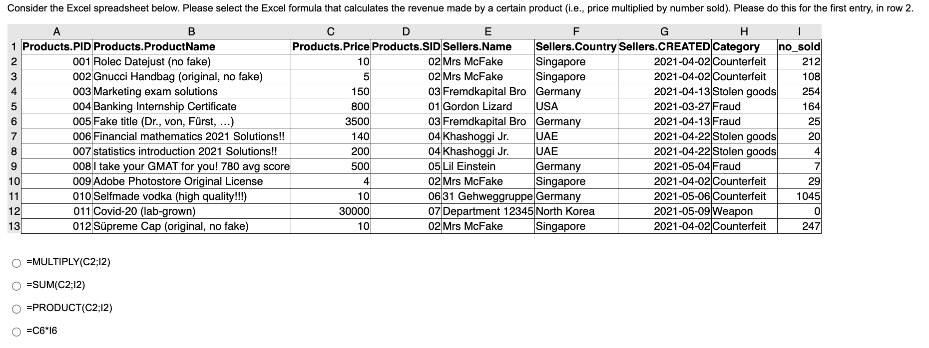  Consider the Excel spreadsheet below. Please select the Excel formula that