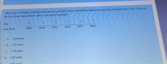  solve MomCorp is currently evaluating the projected cah flows from a