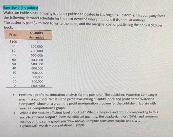  0 Exercise 2 (15 points) Waterton Publishing Company is a book