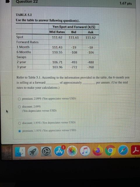  Question 22 1.67 pts TABLE 5.1 Use the table to answer