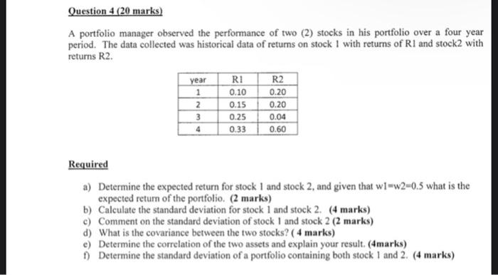 Question 4 (20 marks) A portfolio manager observed the performance of