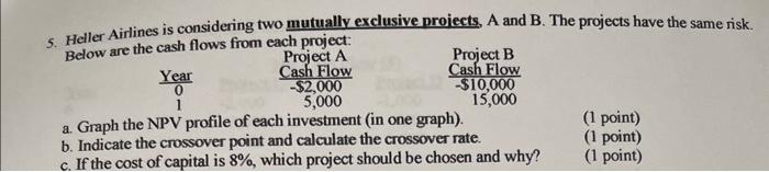  5. Heller Airlines is considering two mutually exclusive proiects, A and