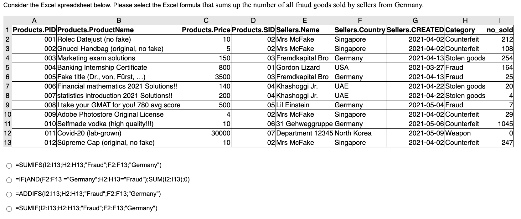 Consider the Excel spreadsheet below. Please select the Excel formula that