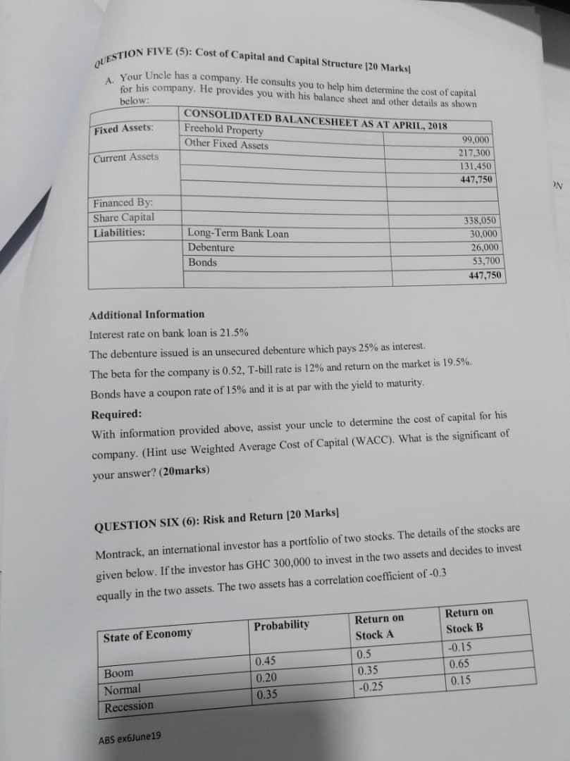 Please assist me with Question 5. QUESTION FIVE (5): Cost of