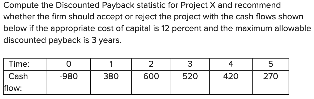  Compute the Discounted Payback statistic for Project X and recommend whether