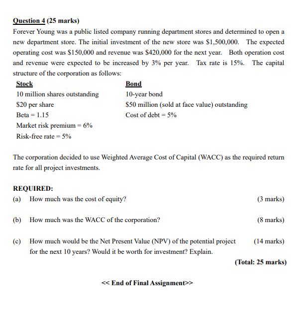  Question 4 (25 marks) Forever Young was a public listed company