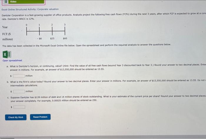  constant grow rate 5% Video Excel Online Structured Activity: Corporate valuation