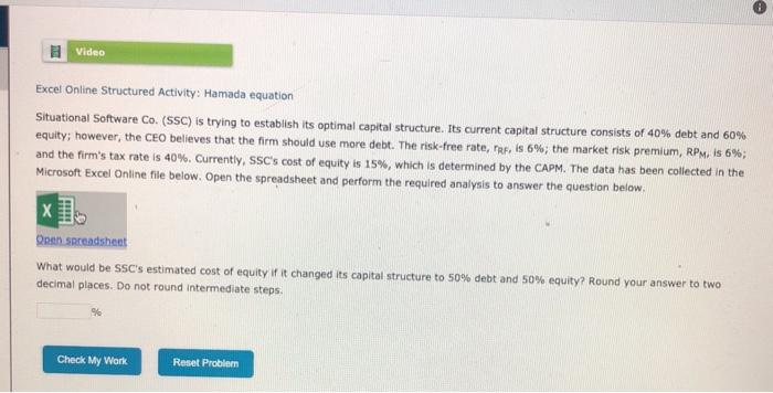  1 Video Excel Online Structured Activity: Hamada equation Situational Software Co.