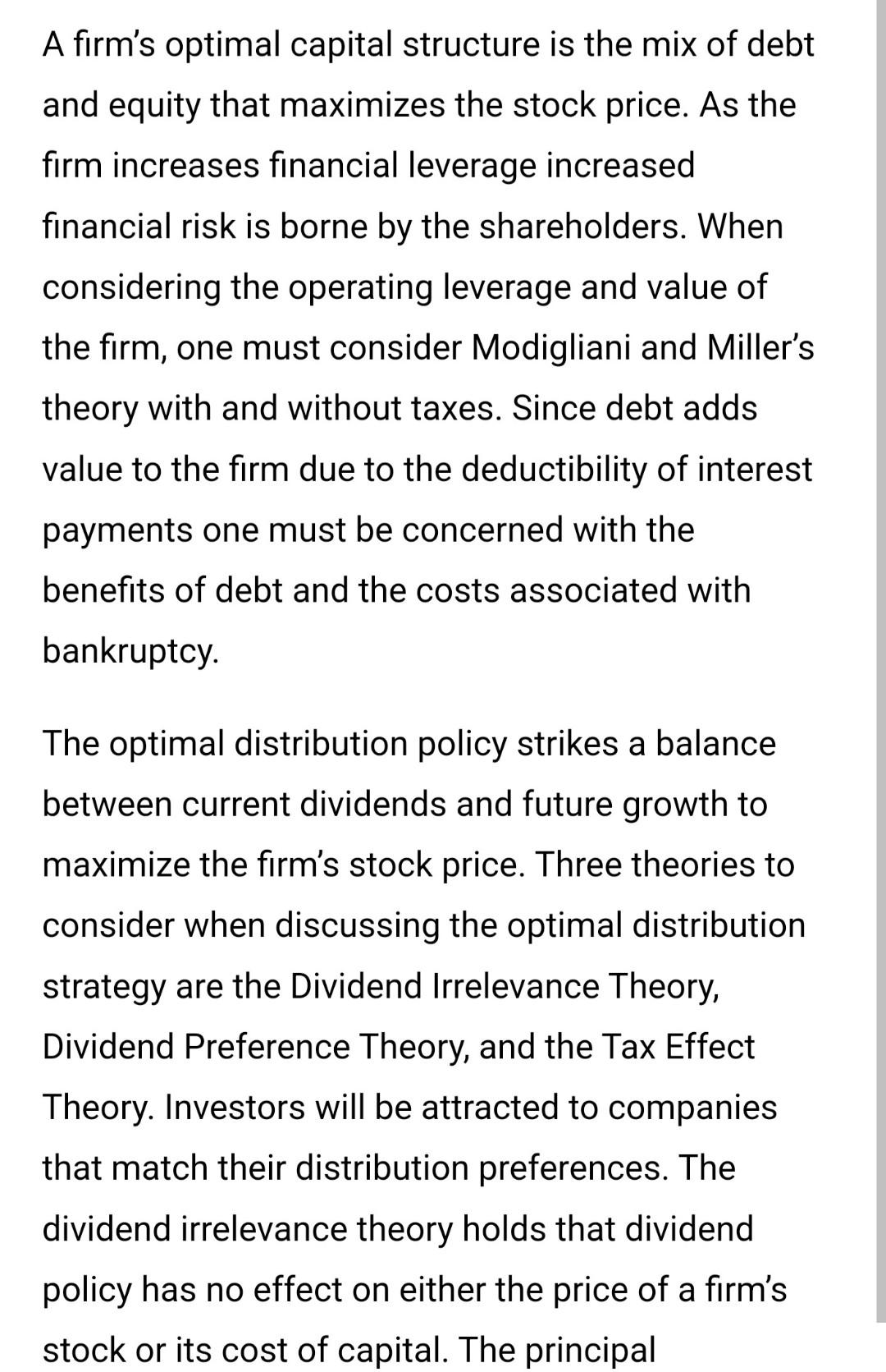 need help A frm's optimal capital structure is the mix of debt