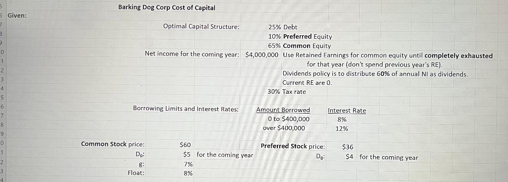 Show excel formulas for each answer Barking Dog Corp Cost of Capital