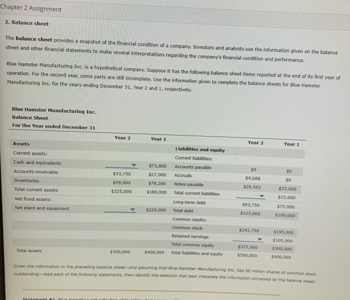  Chapter 2 Assignment 2. Balance sheet The balance sheet provides a